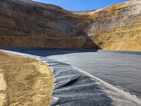Process of constructing water pools with geosynthetic materials at the bottom of an open-pit mine.の写真素材