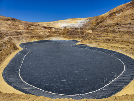 Process of constructing water pools with geosynthetic materials at the bottom of an open-pit mine.の写真素材