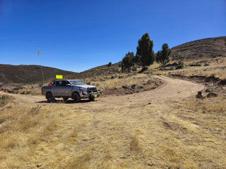 Road construction in the high Andean mountains.の写真素材