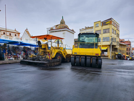 Asphalt construction machinery in the process of building platforms.の写真素材