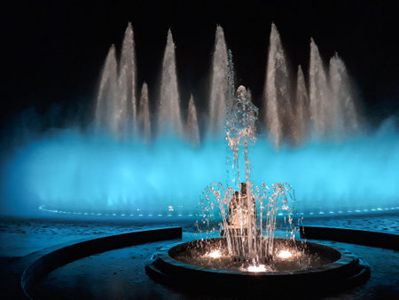 Water fountain with colored lights.の写真素材
