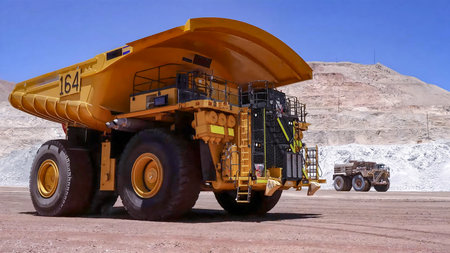Giant mining truck transporting minerals in an open pit mineの写真素材