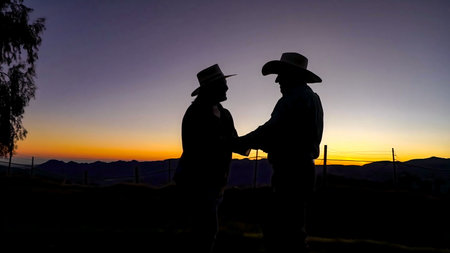 Silhouette at sunset of two elderly people saying goodbye until the next dayの写真素材