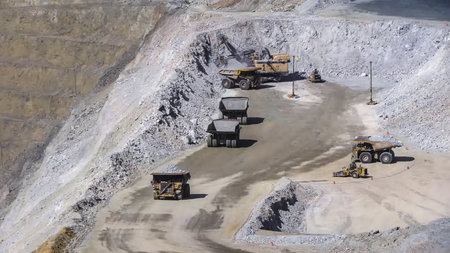 Heavy mining machinery extracting minerals in an open pit mineの写真素材