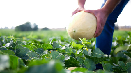 Manual harvesting process of melons on farmsの写真素材