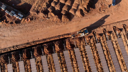 Trench excavation process for the installation of solar panel banks with machineryの写真素材