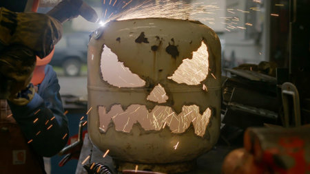 View of pumpkins and decorative objects made of steel and fireworks lights for the Halloween party