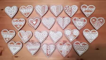 View of heart-shaped ornaments and crafts made with white-dyed leather strips