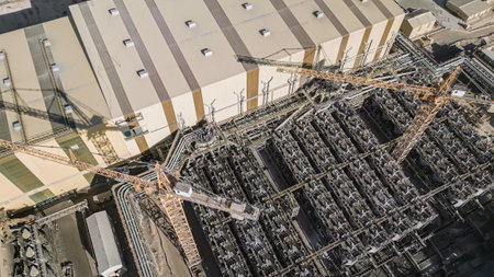 Aerial view of the mechanical facilities of the mineral processing plant under construction with...