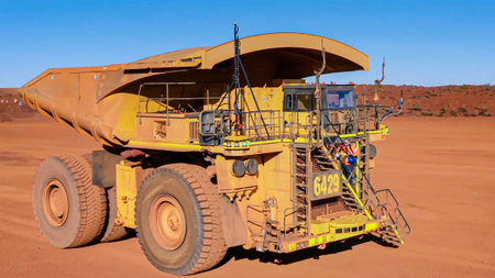 Giant mining truck parked in truck shop undergoing inspection and checklist for routine maintenance...