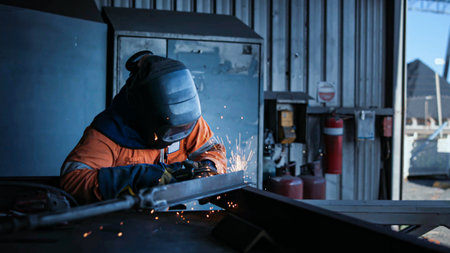 Welder operator in the process of constructing metal structures using TIG MIG MAG welding techniques