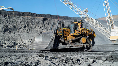 A huge crawler tractor bulldozer is cleaning and leveling excess excavation material in an open-pit...