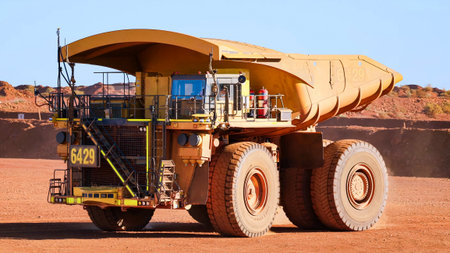 Huge mining truck on truck shop platform after receiving maintenance and ready to transport mineralsの写真素材