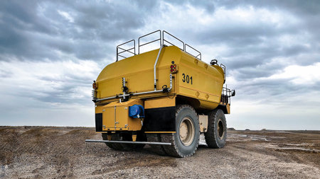 View of a huge mining tanker truck ready to spray water for dust controlの写真素材