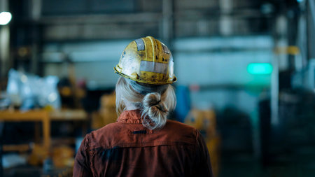 Heavy machinery inspector monitoring hydraulic elements of mining equipmentの写真素材