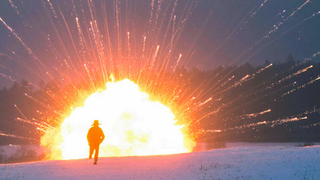 Explosion simulation view with cinematic look featuring many controlled lights and sparksの写真素材