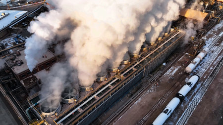 View of cooling towers at a fossil fuel power generation plantの写真素材