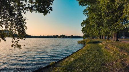 View of a marine bay next to gardens and trees at sunsetの写真素材
