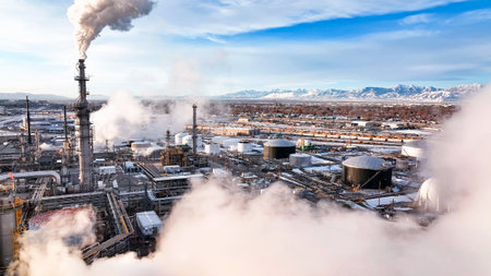 View of cooling towers at a fossil fuel power generation plantの写真素材