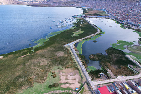 Aerial view of the boardwalk for pedestrian traffic built in the middle of the lakeの写真素材