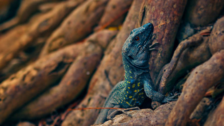 View of a lizard sunbathing in a wildlife conservation areaの写真素材