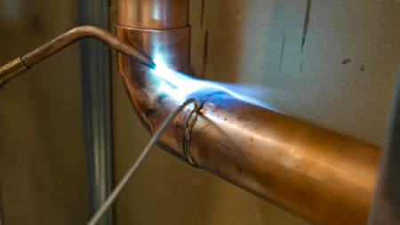 copper pipe soldering process with tin by specialized techniciansの写真素材