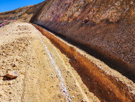Construction process of rainwater channels in an open-pit mine bankの写真素材