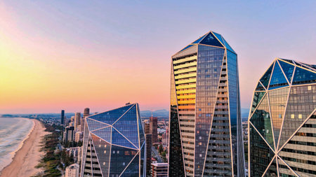View of a building facade with glass panel curtain walls