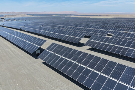 Large-scale solar park with a mechanical system of automatic solar trackers to maximize the generation of renewable electricityの写真素材