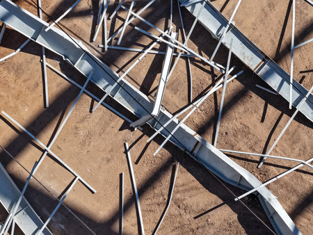 View of an accident at a coliseum with a collapsed metal roof structure in the city of Puno, Peru