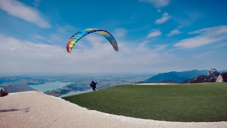Learning process of paragliding in the mountains in springの写真素材