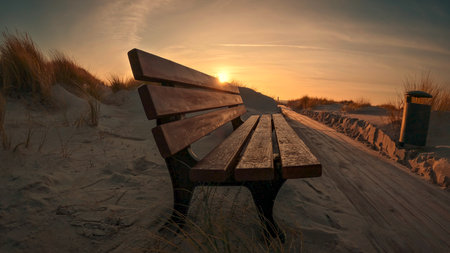 View of a wooden bench on the beach for watching sunsetsの写真素材