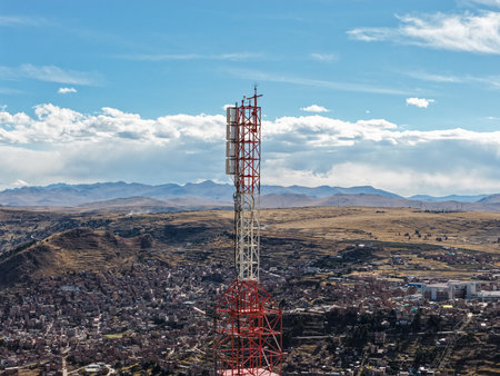 Aerial view of telecommunications and radio television towers built on high ground to maximize...