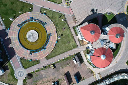 Aerial view of a park with a plaza under constructionの写真素材