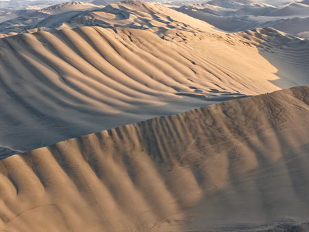 Aerial view of enormous dunes in an arid desert shaped like ocean waves at sunset.の写真素材