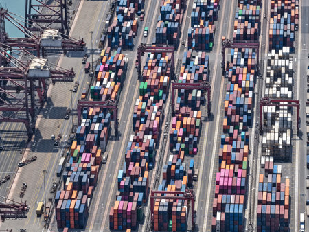 Aerial view of a port terminal for container ships with huge dock cranes ready to unload