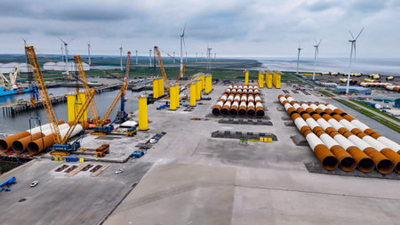 Enormous lattice cranes in the process of lifting huge steel pilesの写真素材