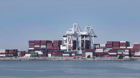 View of a seaport with a loading platform and huge white dock cranes