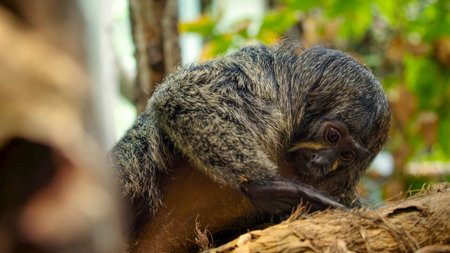 Saki monkey sighting in the process of searching for food in Amazonian forests