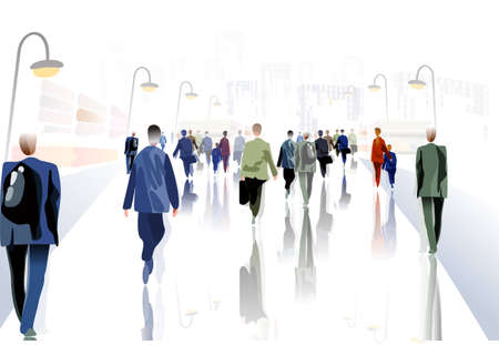 A crowd of people going into the city.のイラスト素材