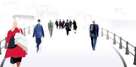 A crowd of people going into the city.のイラスト素材