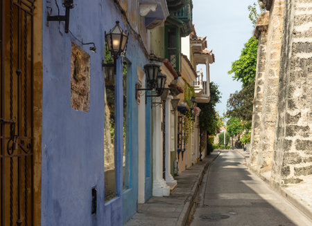 Architectural colonial facades in the heart of the walled city Cartagena de Indiasのeditorial素材