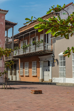 Architectural colonial facades in the heart of the walled city Cartagena de Indiasのeditorial素材