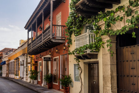 Architectural colonial facades in the heart of the walled city Cartagena de Indiasのeditorial素材