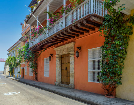 Colonial urbanscape with a panoramic view of the colored facades on the heart of the walled city Cartagena de Indiasのeditorial素材