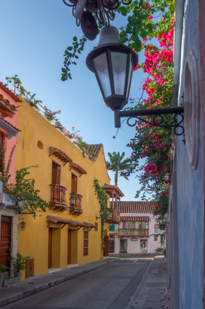 Colonial urbanscape with a panoramic view of the colored facades on the heart of the walled city Cartagena de Indiasのeditorial素材