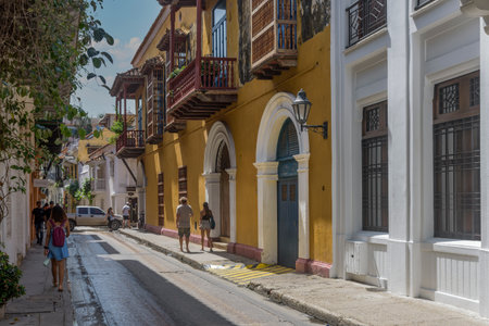 Colonial urbanscape with a panoramic view of the colored facades on the heart of the walled city Cartagena de Indiasのeditorial素材