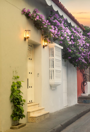 Typical facade in the old town of Cartagena de Indias, Colombiaの写真素材