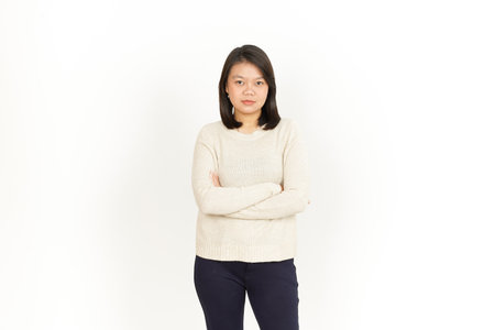 Showing Peace or Victory Sign of Beautiful Asian Woman Isolated On White Backgroundの写真素材