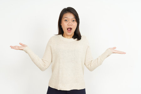 Showing Thumbs Down of Beautiful Asian Woman Isolated On White Backgroundの写真素材